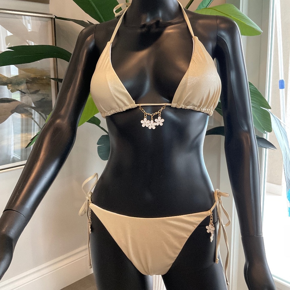 Shimmery Champagne Bikini with Charming Bikini Charms!